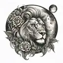 Woman, lion and snake with flowers and moon tattoo design idea