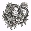 Woman, lion and snake with flowers and moon tattoo design idea