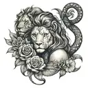 Woman, lion and snake with flowers and moon tattoo design idea