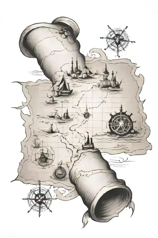 old scroll with treasure map of plot of land with footprints on the map tattoo design idea