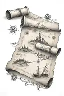 old scroll with treasure map of plot of land with footprints on the map tattoo design idea