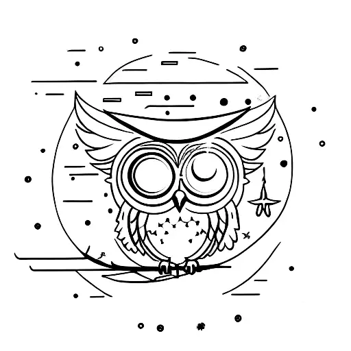 small wise owl in front of moon with stars and astrolabe incorporated into the design tattoo design idea