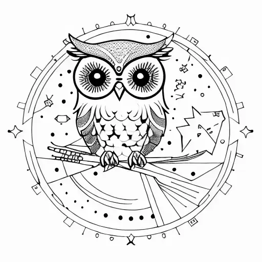 small wise owl in front of moon with stars and astrolabe incorporated into the design tattoo design idea