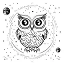 small wise owl in front of moon with stars and astrolabe incorporated into the design tattoo design idea