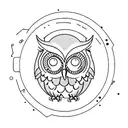 small wise owl in front of moon with stars and astrolabe incorporated into the design tattoo design idea