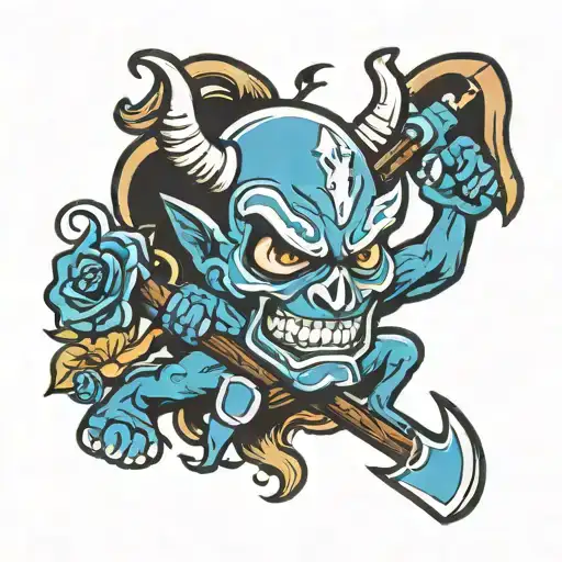 Blue devil with pickaxe crossed tattoo design idea