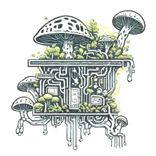 A geometric tattoo featuring a circuit board pattern with mushrooms growing from the circuits, symbolizing the harmony between nature and technology tattoo design idea