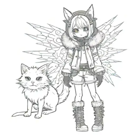 Gothic, sad Neko Chan with a halo of spikes in one jacket and boots, tribbles on the body, tattoo design idea
