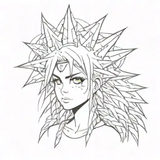 sad anime girl with spikes from her eyes, halo of spikes, tribbles, black flooded eyes  tattoo design idea