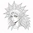 sad anime girl with spikes from her eyes, halo of spikes, tribbles, black flooded eyes  tattoo design idea