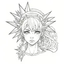 sad anime girl with spikes from her eyes, halo of spikes, tribbles, black flooded eyes  tattoo design idea