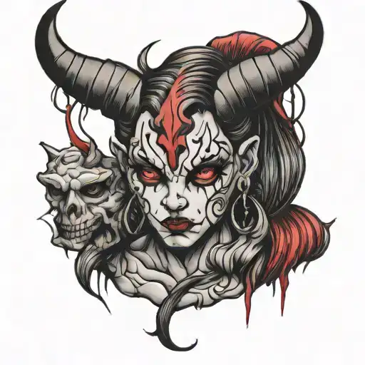 devil face girl sitting tattoo design idea