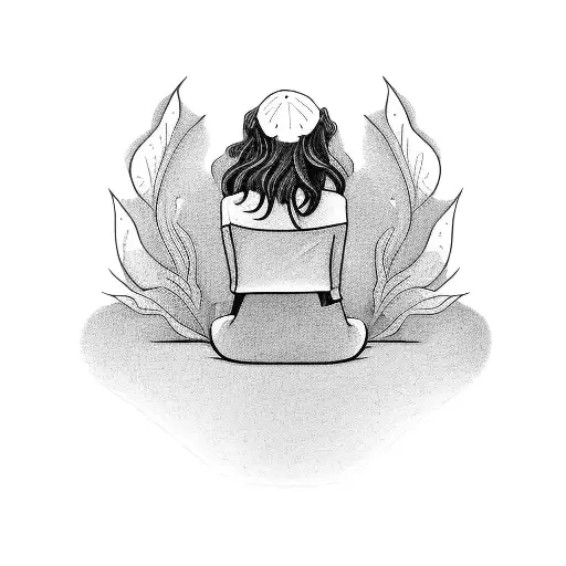 the girl lies on the floor, view from the back, tucked her knee, raised herself on her hands, her head is lowered, thick tattoo design idea