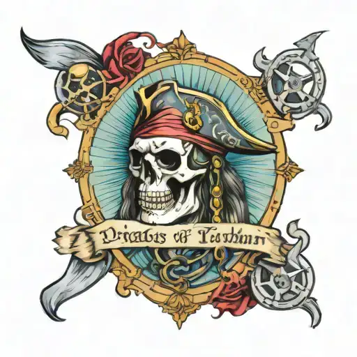 from pirates of the caribbean compas and medalion eith tittle dead men tell no tails with background ocean tattoo design idea