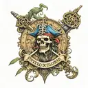 from pirates of the caribbean compas and medalion eith tittle dead men tell no tails with background ocean tattoo design idea