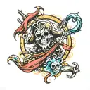 from pirates of the caribbean compas and medalion eith tittle dead men tell no tails with background ocean tattoo design idea