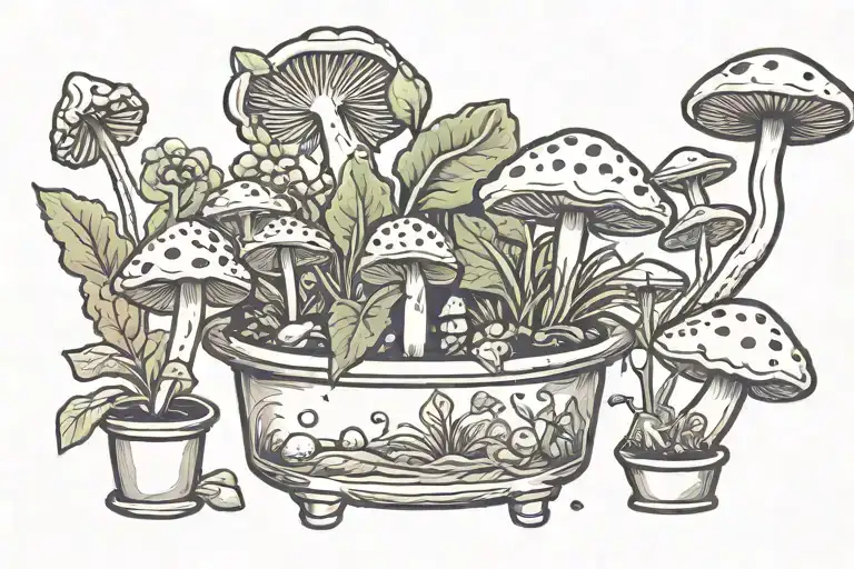 pot plants and mushrooms growing with sublime sun setting tattoo design idea
