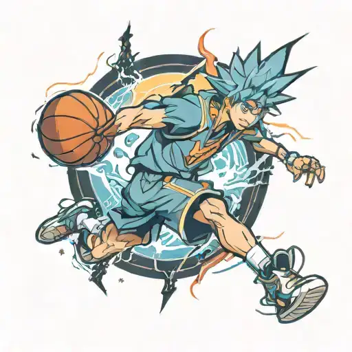 An anime-inspired character dribbling a basketball with lightning effects, in a new-school style tattoo design idea