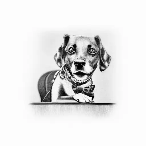 A black-grey tattoo of a dog sitting in front of a bar in Sao Paulo tattoo design idea