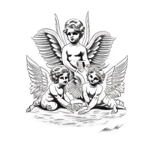 3 detailed Roman style angels, 2 woman one man tattoo design idea