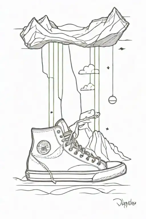 A sneakers-themed tattoo with a minimalist design of a pair of sneakers hanging from a mountain peak, representing the client's passion for outdoor activities and footwear tattoo design idea