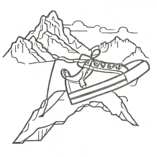 A sneakers-themed tattoo with a minimalist design of a pair of sneakers hanging from a mountain peak, representing the client's passion for outdoor activities and footwear tattoo design idea