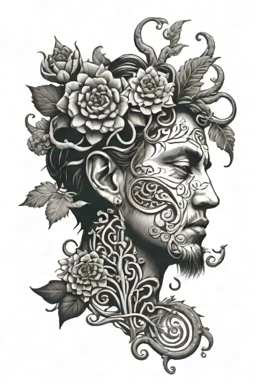 Face of Medusa Darwin's tree of life cactus and its flowers, black and white simple border design tattoo on thigh of man tattoo design idea
