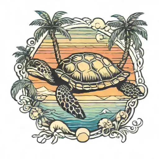 sea turtle and palm trees colors sunset over lake tattoo design idea