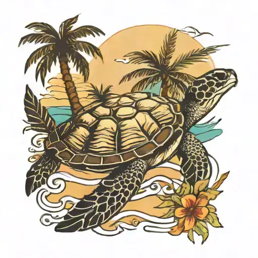 sea turtle swimming away with palm tree  tattoo design idea