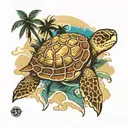 sea turtle and island with  palm trees   tattoo design idea