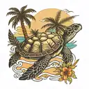 sea turtle swimming away with palm tree  tattoo design idea