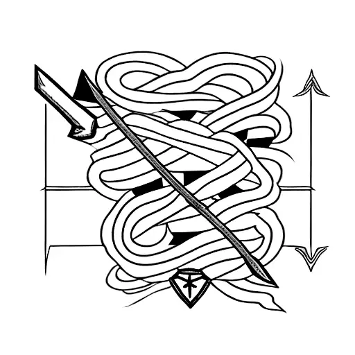 A katana and bow and arrow crossed over a pixelated game controller tattoo design idea