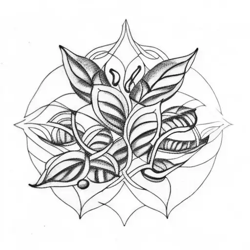 A traditional tattoo of a coffee bean plant intertwined with musical staff lines tattoo design idea