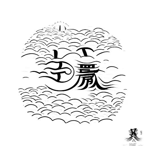 A minimalist tattoo of a beach at sunset with Nichibotsu written in Japanese tattoo design idea