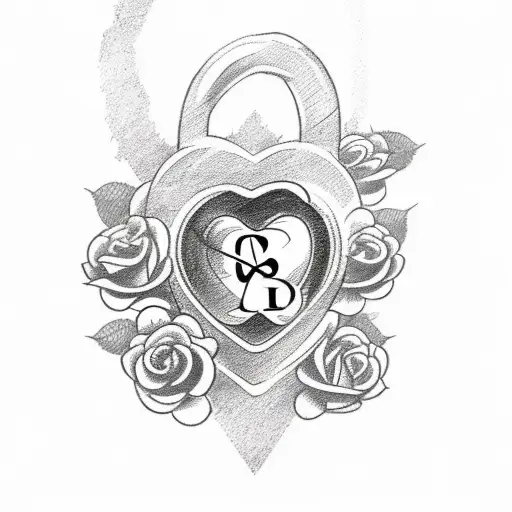 A sketch-style tattoo of a heart-shaped lock with the initials JP and M engraved on it, surrounded by roses and thorns tattoo design idea
