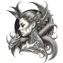 Black And Grey "An Intricate Tattoo Of A Strong Woman With A Dragon Tearing Out Of The Skin , With Elements Of Guns..."  tattoo design idea