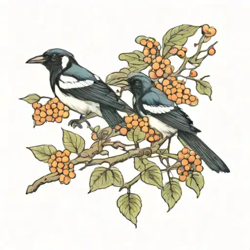 magpies and hawthorn tree tattoo design idea