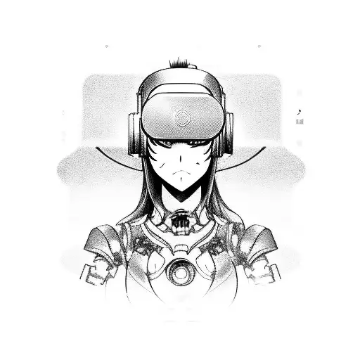 An anime-inspired character with cybernetic enhancements and a virtual reality headset tattoo design idea