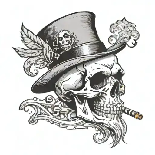 skull in a magician's hat with a gold tooth and pince-nez smoking a ciga tattoo design idea