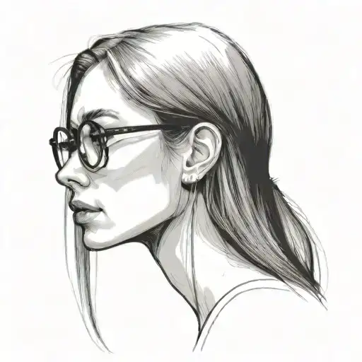 slender girl in profile, very long aquiline nose, glasses, long straight brown hair, thin lips, submissive tattoo design idea