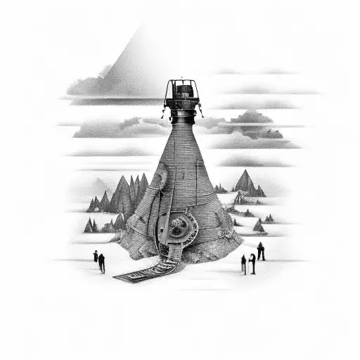 A black and grey tattoo of a mine shaft with musical instruments hidden within tattoo design idea