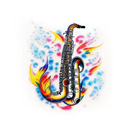 A tattoo of a saxophone surrounded by vibrant flames, symbolizing the client's fiery passion for music tattoo design idea