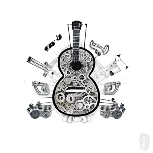 A guitar made of car parts and mechanical gears, with musical notes flowing out of the strings tattoo design idea