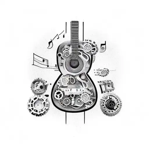 A guitar made of car parts and mechanical gears, with musical notes flowing out of the strings tattoo design idea