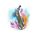 A tattoo of a saxophone surrounded by vibrant flames, symbolizing the client's fiery passion for music tattoo design idea