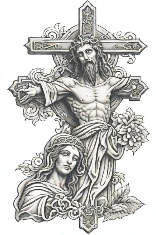 cross in between mama mary and jesus christ crucified and heads tattoo design idea