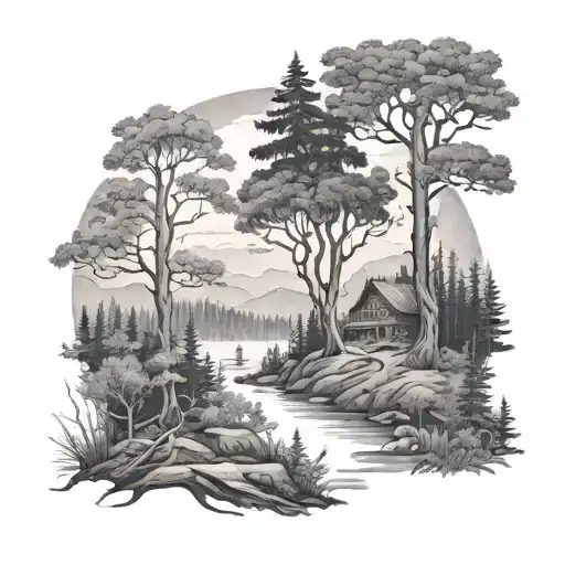 A black-grey tattoo of a forest landscape with a hidden hunter waiting for the perfect shot tattoo design idea