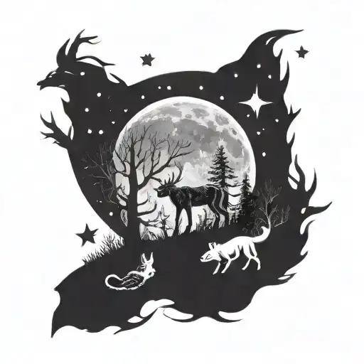 moon and stars night forest animals looking up  tattoo design idea