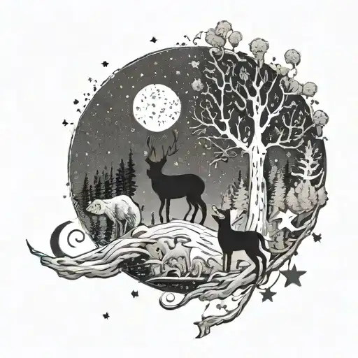 moon and stars night forest animals looking up  tattoo design idea