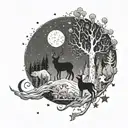 moon and stars night forest animals looking up  tattoo design idea